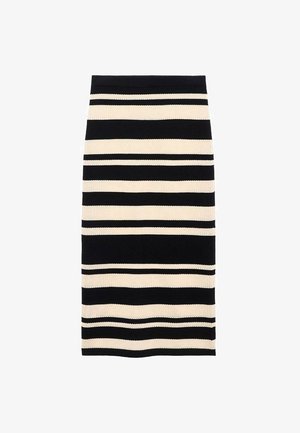 Strikket blyantskørt med skiftende sorte og cremefarvede vandrette striber. Glat tekstur, mellemlang design og elastisk talje.