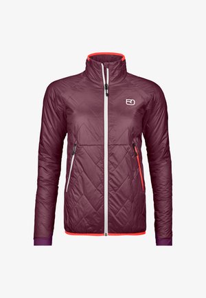 Purple insulated jacket with diamond pattern design, high collar, white zipper, orange accents, and two side zippered pockets.