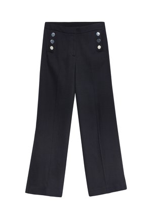 Czarne spodnie o szerokich nogawkach z wysokim stanem i sześcioma metalowymi guzikami ułożonymi w dwóch pionowych rzędach z przodu.