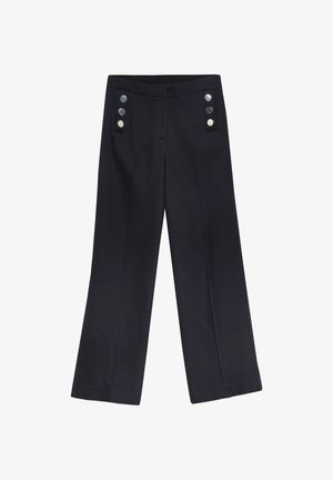 Czarne spodnie o szerokich nogawkach z wysokim stanem i sześcioma metalowymi guzikami ułożonymi w dwóch pionowych rzędach z przodu.
