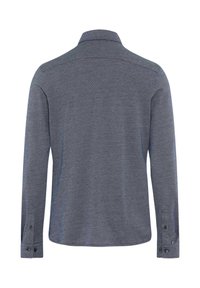 Langarmhemd, dunkelgrau, strukturierter Stoff, klassischer Kragen, geknöpfte Manschetten, gerade Säume, dezentes Muster. Rückansicht.