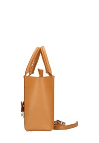 Borsa a mano in pelle marrone chiaro con texture liscia, forma rettangolare, manici superiori doppi e tracolla rimovibile. Design minimalista senza motivi visibili.