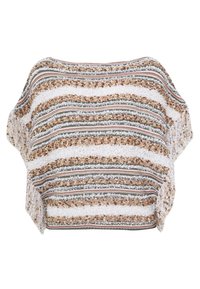 Strick-Crop-Top mit weitem Ausschnitt, der horizontale Streifen in Weiß, Braun, Beige und Grün aufweist, mit lockeren, offenknotigen Ärmeln.