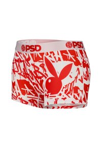 Red and white boxer shorts featuring a playful graphic design with a prominent logo. Made of smooth, stretchy material with a soft waistband.