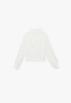 Hvid strikket turtleneck sweater med lange ærmer, med et tekstureret mønster og sammensnørede manchetter, cropped længde og subtil ribstof.