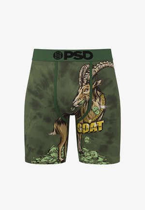 Groene boxershorts met een afbeelding van een geit omringd door geld, met de tekst "GOAT". Gemaakt van ademende stof met een zwarte tailleband voorzien van het logo.