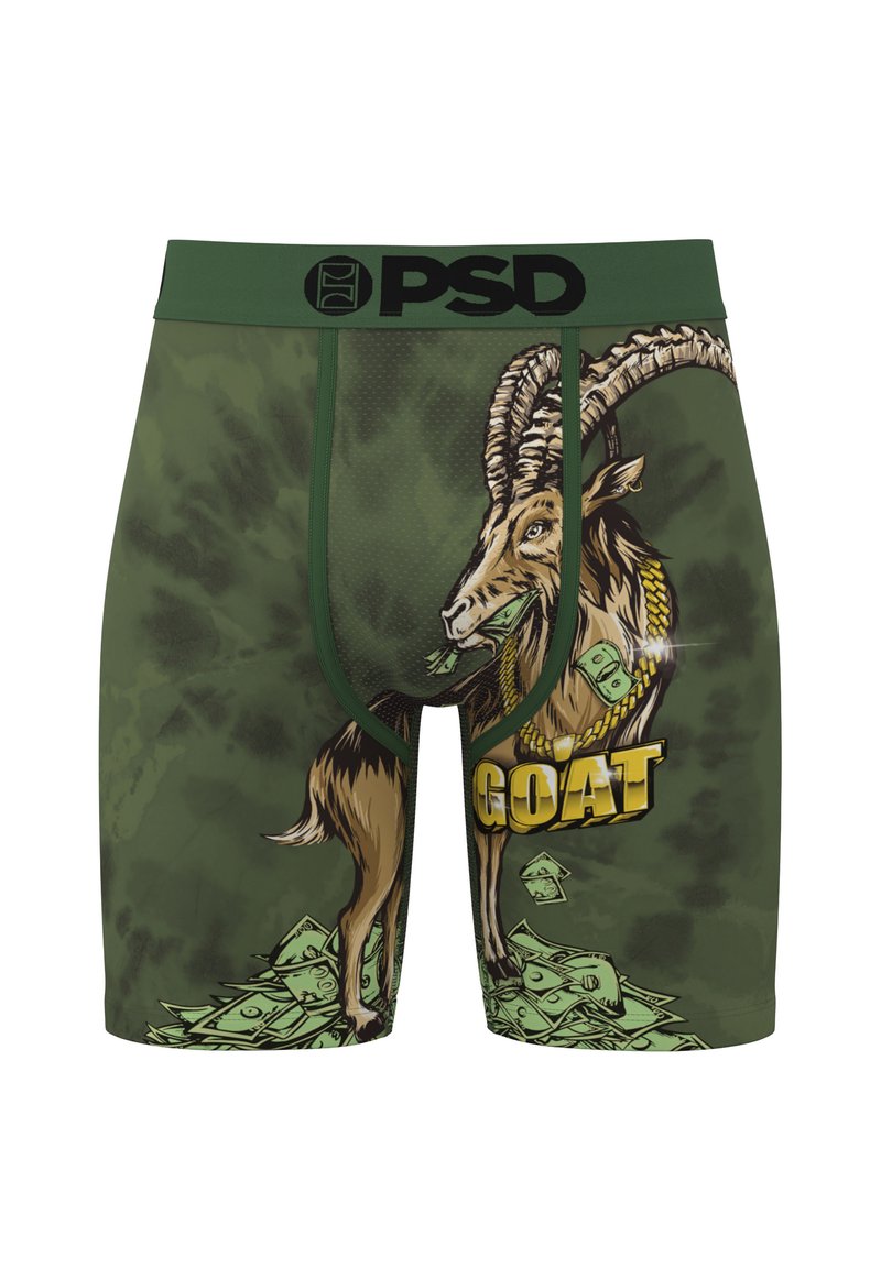 Green boxer briefs featuring a goat graphic surrounded by money, with "GOAT" text. Made from breathable fabric with a black logo waistband.