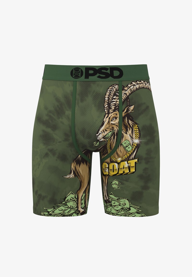 Green boxer briefs featuring a goat graphic surrounded by money, with "GOAT" text. Made from breathable fabric with a black logo waistband.