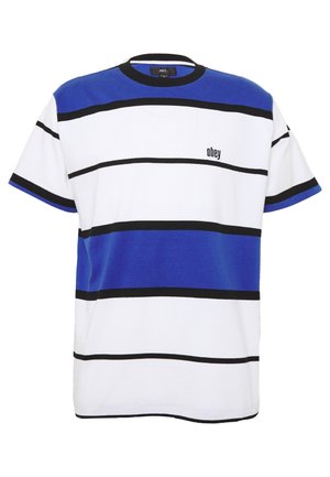 Koszulka z krótkim rękawem z poziomymi niebieskimi, białymi i czarnymi paskami oraz małym logo „obey” na piersi.