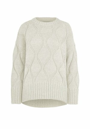 Licht beige gebreide trui met kabelpatronen, lange mouwen, geribde boorden en zoom, en een ronde halslijn.