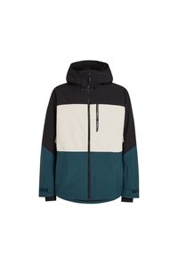 Kleurgeblokkeerde jack met een zwarte kap, crème bovenstuk en teal onderstuk. Bevat een voorkant rits en verstelbare kapkoordjes.