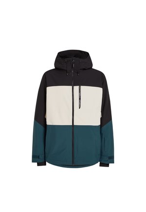 Color-blocked jacket with a black hood, cream upper section, and teal lower section. Features front zipper and adjustable hood drawstrings.