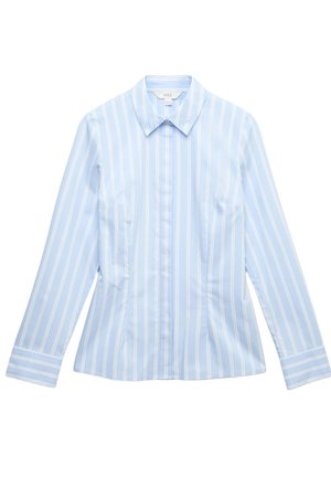 Lyseblå langærmet skræddersyet skjorte med hvide lodrette striber, klassisk krave og knapærmer.