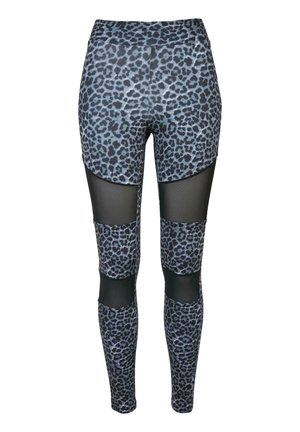 Leopardmønstret tights i grå og sort, med meshpaneler på lår og lægge, samt en bred, elastisk talje for komfort.