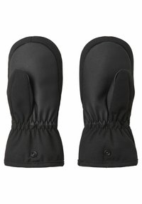 Moufles noires en matériau synthétique lisse avec une manchette élastique ajustée et un détail de bouton au poignet. Conçues pour la chaleur et la couverture.