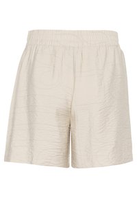 Beige shorts van gekreukt materiaal met een elastische tailleband. Voorzien van subtiele tonale patronen en een losse, ontspannen pasvorm.