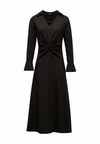 Abito nero con maniche lunghe, scollatura a V e busto arricciato. Maniche a campana e texture del tessuto liscia per una silhouette aderente.