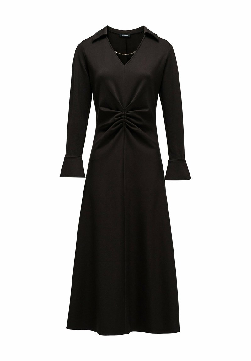 Abito nero con maniche lunghe, scollatura a V e busto arricciato. Maniche a campana e texture del tessuto liscia per una silhouette aderente.