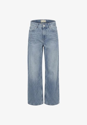 Jeans azzurri chiaro a vita alta con gamba larga, bottoni e cerniera frontali, passanti per cintura e tasche anteriori e posteriori.