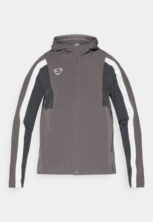 Graue Sportjacke mit Kapuze. Verfügt über weiße und schwarze Seitenpaneele, einen Reißverschluss und ein kleines Logo auf der Brust. Glatte Textur.
