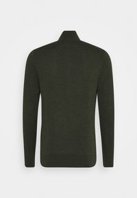 Pull en maille à manches longues de couleur vert foncé avec un col montant, vu de dos sur un fond blanc.