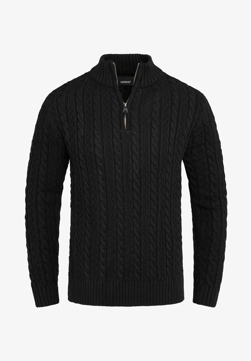 Pull noir en maille torsadée avec manches longues, poignets et ourlet côtelés, et une courte fermeture éclair frontale sur un col montant.