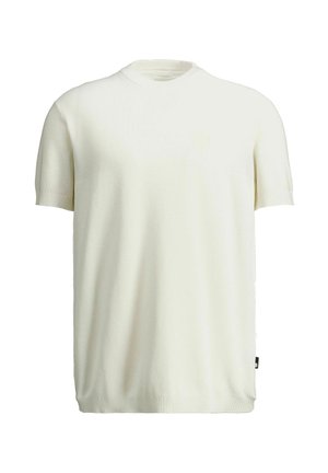 Weißer Strickpullover mit kurzen Ärmeln und Rundhalsausschnitt, mit gerippter Textur und subtil eingesticktem Ton-in-Ton-Logo auf der Brust, vor schlichtem Hintergrund dargestellt.