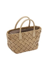 Torebka tote z plecionego jasnobrązowego skóry, z dwiema uchwytami, teksturowaną powierzchnią i zapinaną na zamek wewnętrzną kieszenią. Kompaktowy design do codziennego użytku.