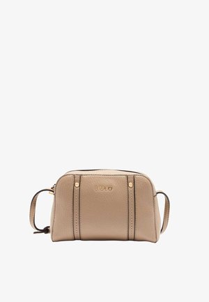 Sac à main en cuir beige à forme arrondie, accents dorés et poignée latérale. Présente des coutures verticales et le logo LIU JO à l'avant.