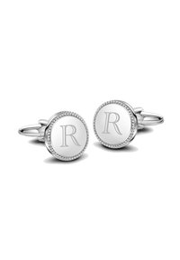 Okrągłe srebrne spinki do mankietów z gładką powierzchnią, koralikowym wykończeniem dookoła krawędzi oraz wygrawerowanym „R” w centrum.