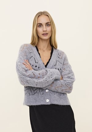 Hellgraue Strickjacke mit V-Ausschnitt, kompliziertem Spitzenmuster, weiten Ärmeln und drei Knöpfen vorne, kombiniert mit einem dunklen Oberteil.