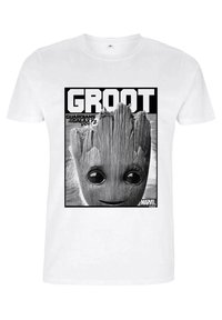Bílý tričko s černobílou grafickou potiskem Groota s velkýma očima, textem "GROOT" a "STRÁŽCI GALAXIE VOL. 2."