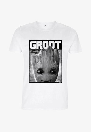 Biała koszulka z czarno-białym nadrukiem Grafa Groota z dużymi oczami, z napisem "GROOT" oraz "STRÓŻOWIE UNIWERSUM VOL. 2."