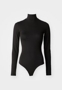 Zwarte bodysuit met lange mouwen en hoge hals, met een getailleerd ontwerp en een soepele stofstructuur, eindigend in een string-achtige onderkant.