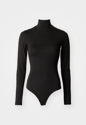 Črn bodysuit z dolgimi rokavi in visokim ovratnikom, s prilagojeno zasnovo in gladko teksturo tkanine, ki se konča s tanga dnom.
