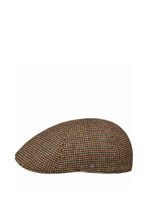 Brown, blue, and rust checkered flat cap with a small circular metal brand tag on the side, displayed against a white background.