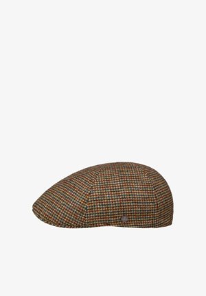 Brown, blue, and rust checkered flat cap with a small circular metal brand tag on the side, displayed against a white background.
