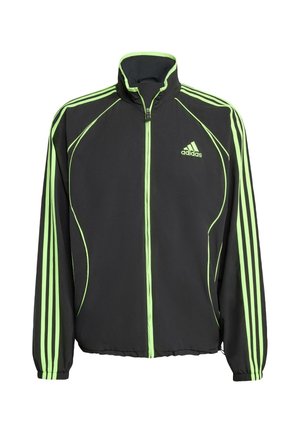 Black athletic jacket with green accents, featuring a high collar, front zipper, and three vertical stripes on each sleeve.