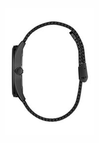 Schwarze Smartwatch mit rechteckigem Gehäuse, einem strukturierten schwarzen Gliederarmband und einer runden Krone; zeichnet sich durch ein minimalistisches Design und ein mattes Finish aus.