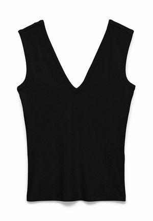 Zwart mouwloos top met een diepe V-hals, gemaakt van zachte stof, met nette randen en een eenvoudige, gestroomlijnde silhouet.