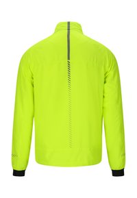 Fluoresoitu keltainen takki, kevyt materiaali, jossa on heijastinraita ja raidallinen kuvio selkäpuolella, mustilla hihoilla.