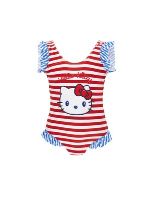 Maillot de bain rayé rouge et blanc avec des manches et un ourlet à volants bleus et blancs, arborant un grand visage de Hello Kitty et un texte rouge sur le devant.