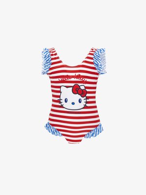 Costume da bagno a righe rosse e bianche con maniche a balze e orlo blu e bianco, con un grande volto di Hello Kitty e testo rosso sul davanti.