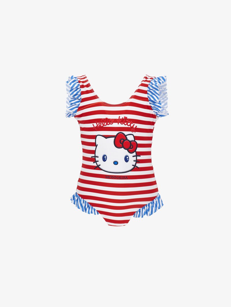 Raudonai ir baltai dryžuotas maudymosi kostiumėlis su mėlynomis ir baltomis raukšlėtomis rankovėmis ir apačia, priekyje didelis Hello Kitty veidas ir raudonas užrašas.