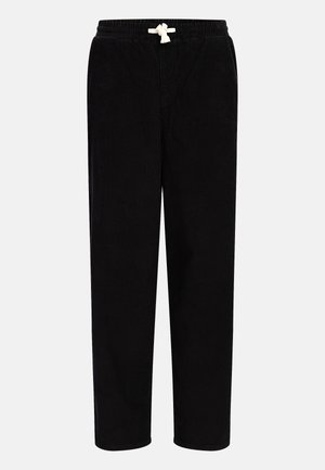 Black corduroy pants with an elastic waistband and beige drawstring. Straight leg design with soft texture and minimal detailing.