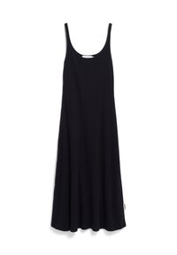 Black sleeveless dress made from ribbed fabric, featuring a relaxed fit, scoop neckline, and a slight flare at the hem.