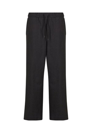 Zwarte, loszittende broek met een elastische tailleband en een koordje. Heeft een subtiel verticaal streepjespatroon. Gemaakt van lichtgewicht stof.