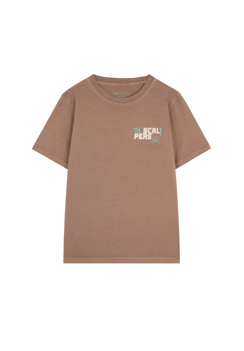 Bruine katoenen t-shirt met een ronde halslijn, korte mouwen en een grafische print met de tekst "The Scalpers" en een geïllustreerd karakterdetail.