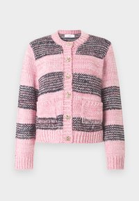 Cardigã tricotado com riscas cor-de-rosa e azul-marinho, com decote redondo, fecho de botões dourados e dois bolsos frontais. Textura macia e espessa.