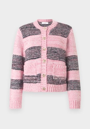 Knitted cardigan with pink and navy stripes, featuring a round neck, gold-button closure, and two front pockets. Texture is soft and chunky.